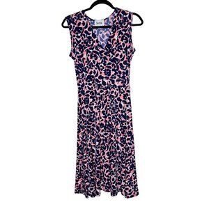 Leota Small Blue Pink Abstract Floral Finley Faux Wrap Midi Dress Sleeveless